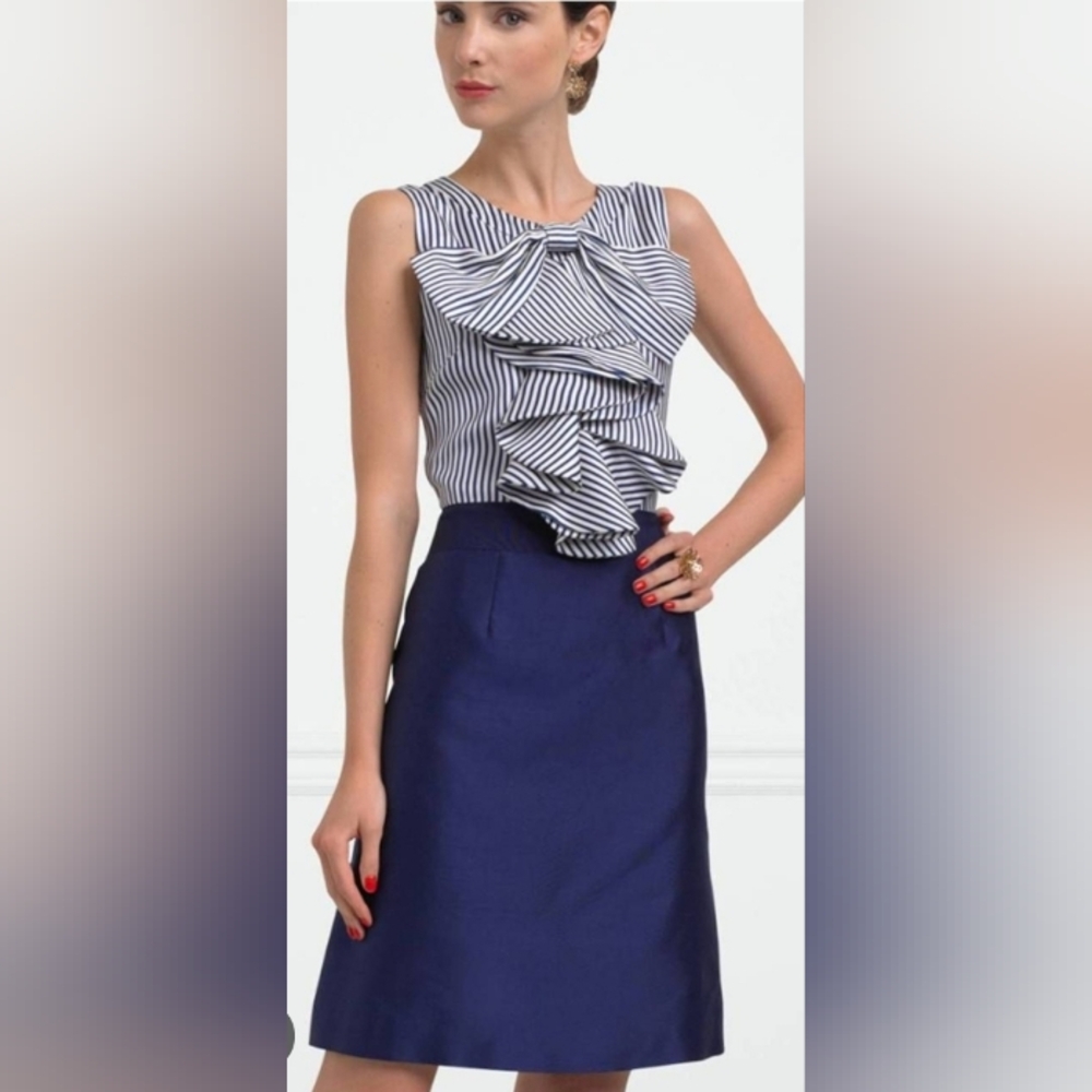 Kate Spade "Cloey" blue and off-white stripe ruffle, bow dress size 12